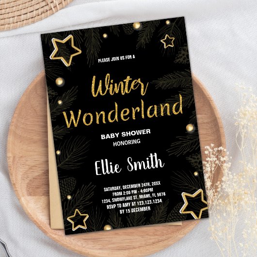 Winter Baby Douche Uitnodigingen Gouden Ster Zwart