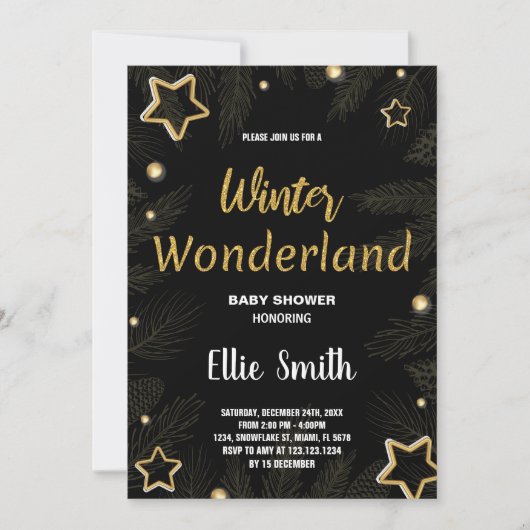 Winter Baby Douche Uitnodigingen Gouden Ster Zwart (Voorkant)