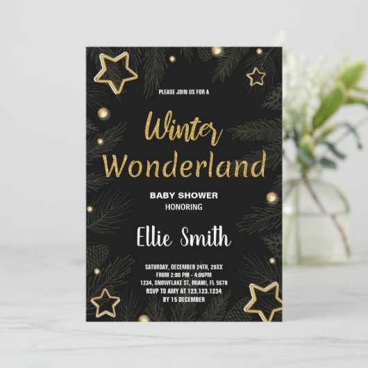 Winter Baby Douche Uitnodigingen Gouden Ster Zwart (Staand voorkant)