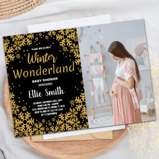 Winter Baby Douche Uitnodigingen Gouden Zwart Foto