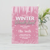 Winter Baby Douche Uitnodigingen Ijs Glitter Roze (Staand voorkant)
