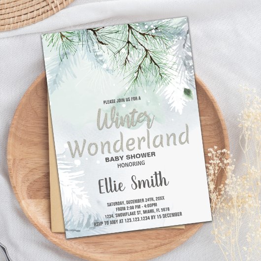 Winter Baby Douche Uitnodigingen Pine Glitter Zilv