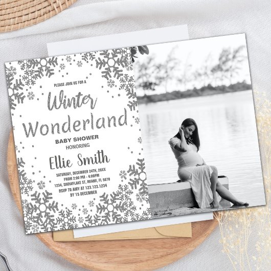 Winter Baby Douche Uitnodigingen Zilver met foto