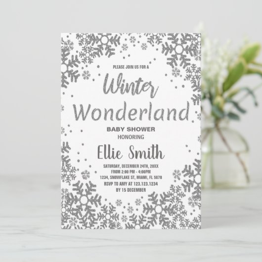 Winter Baby Douche Uitnodigingen Zilveren Glitter (Staand voorkant)