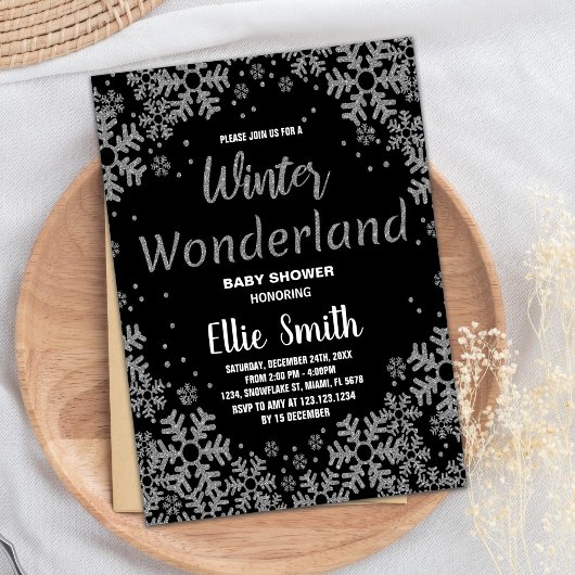 Winter Baby Douche Uitnodigingen Zwart Zilver
