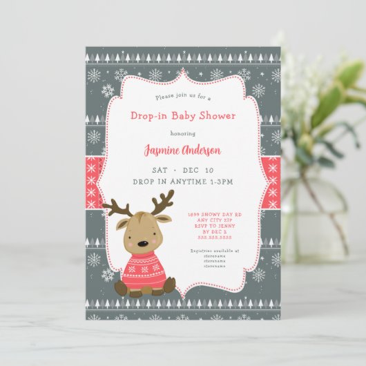 Winter Baby Herten Drop-in Baby shower Kaart (Staand voorkant)