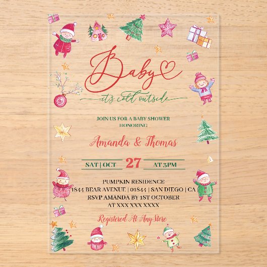 Winter Baby Het is koude Waterverf Baby shower Acryl Uitnodigingen (Voorkant)
