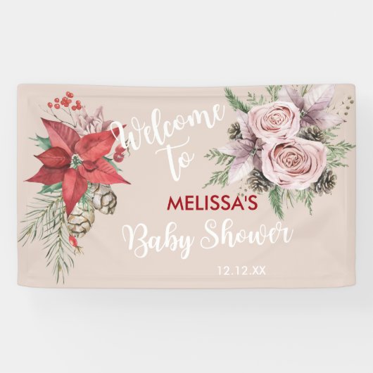 Winter baby in bloei poinsettia pinecones welkom spandoek (Horizontaal)