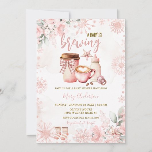 Winter Baby Is Brewing Baby Shower Invitation Kaart (Voorkant)