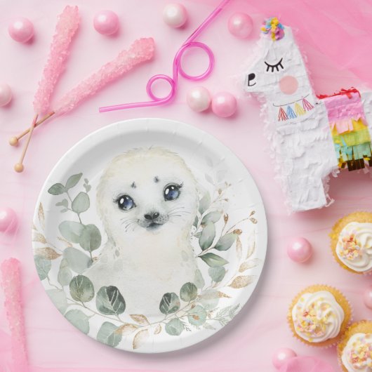 Winter Baby Seal Greenery Gold Wreath Birthday Papieren Bordje (Feest)