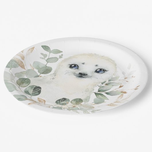 Winter Baby Seal Greenery Gold Wreath Birthday Papieren Bordje (Gekanteld)