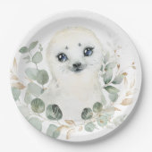 Winter Baby Seal Greenery Gold Wreath Birthday Papieren Bordje (Voorkant)