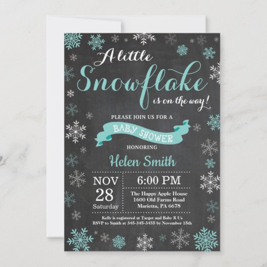 Winter Baby shower Aqua Snowflake Chalkboard Kaart (Voorkant)