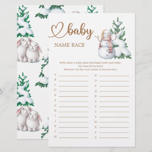 Winter Baby shower Baby Naam Race Game (Voorkant / Achterkant)