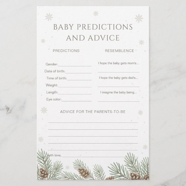Winter Baby Shower Baby Predictions & Advice Game (Voorkant)