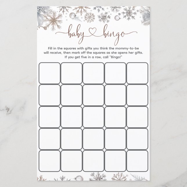 Winter Baby Shower Bingo Spel (Voorkant)