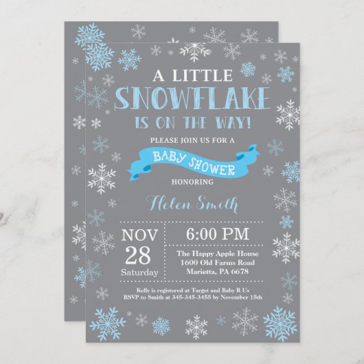 Winter Baby shower Blauw Wit en grijs Snowflake Kaart (Voorkant / Achterkant)