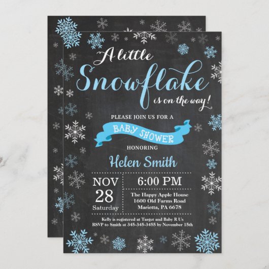 Winter Baby shower Blue Snowflake Chalkboard Kaart (Voorkant / Achterkant)