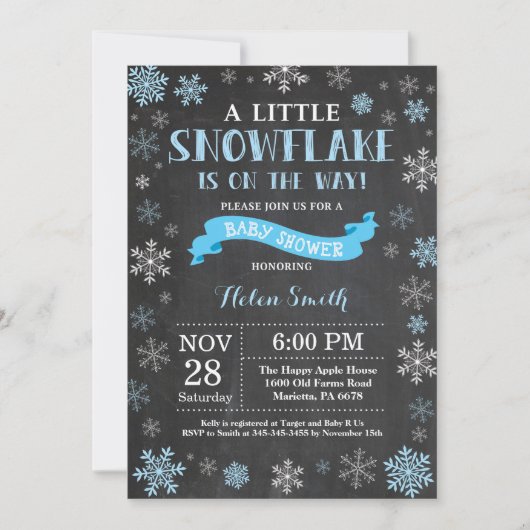 Winter Baby shower Blue Snowflake Chalkboard Kaart (Voorkant)