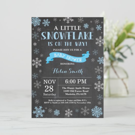 Winter Baby shower Blue Snowflake Chalkboard Kaart (Staand voorkant)