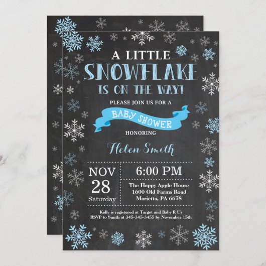 Winter Baby shower Blue Snowflake Chalkboard Kaart (Voorkant / Achterkant)