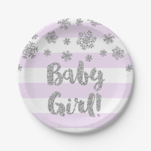 Winter Baby shower Bord Paars Stripe Silver Snow (Voorkant)