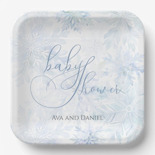 Winter Baby Shower Boy Blue Snowflake Papieren Bordje (Voorkant)