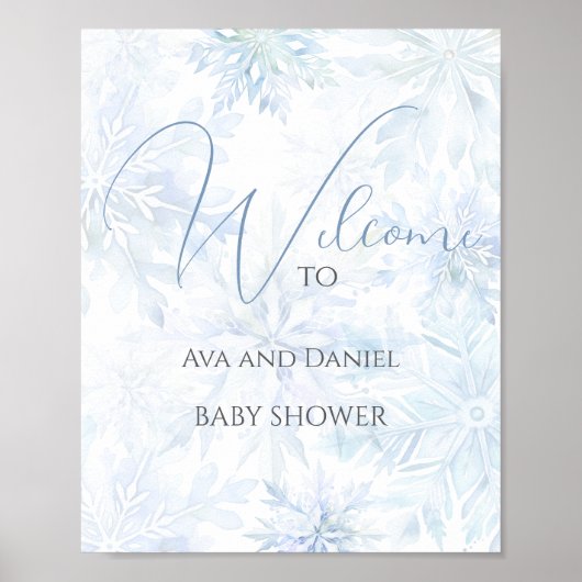 Winter Baby Shower Boy Blue Snowflake Welcome Poster (Voorkant)