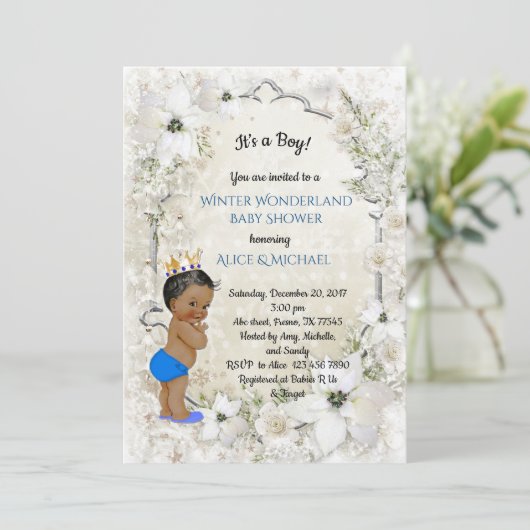 Winter Baby shower Boy, wit, Winter Wonderland Kaart (Staand voorkant)