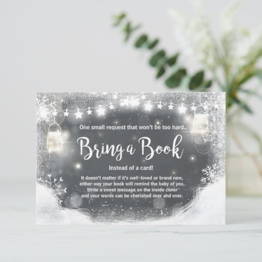 Winter Baby shower Breng een boek Sneeuwstrak donk Informatiekaartje (Staand voorkant)
