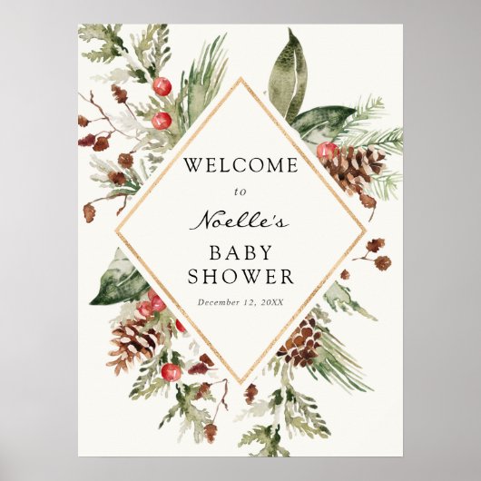 Winter Baby shower Evergreen Poinsettia Welkom Po Poster (Voorkant)
