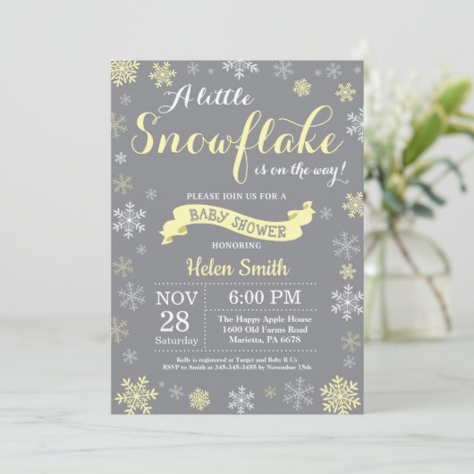 Winter Baby shower Geel Wit en grijs Snowflake Kaart (Staand voorkant)