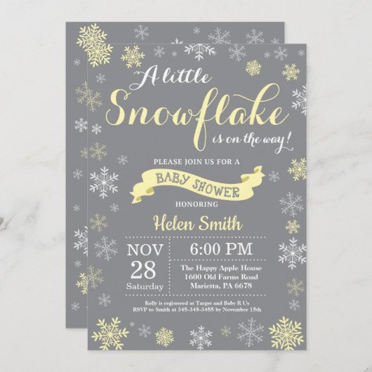 Winter Baby shower Geel Wit en grijs Snowflake Kaart (Voorkant / Achterkant)
