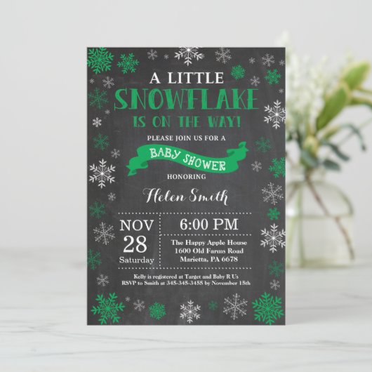 Winter Baby shower Green Snowflake Chalkboard Kaart (Staand voorkant)