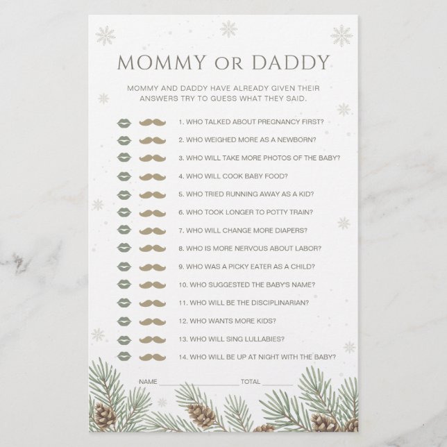 Winter Baby Shower Guess Who Mommy or Daddy Game (Voorkant)