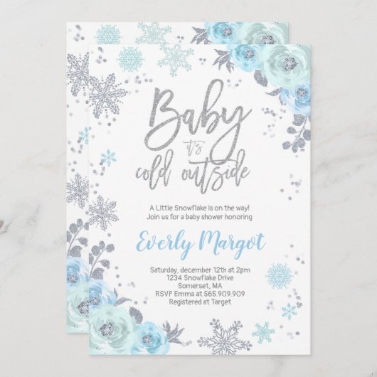 Winter Baby shower Invitation Blue en Silver Kaart (Voorkant / Achterkant)