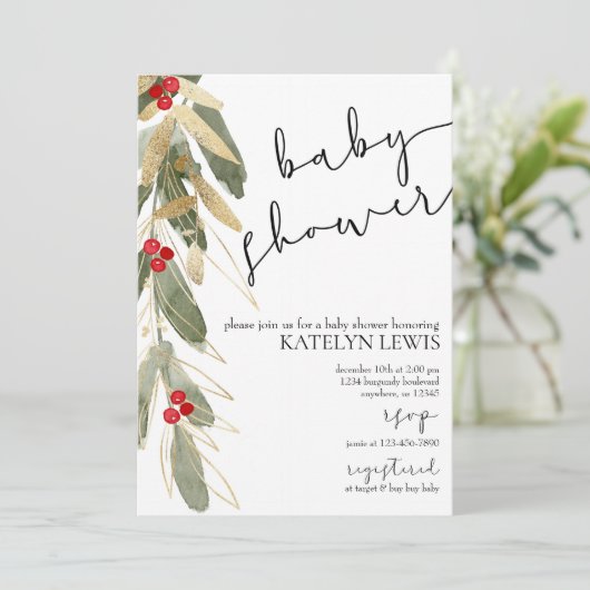 Winter Baby shower Invitation Gold Holly Kaart (Staand voorkant)