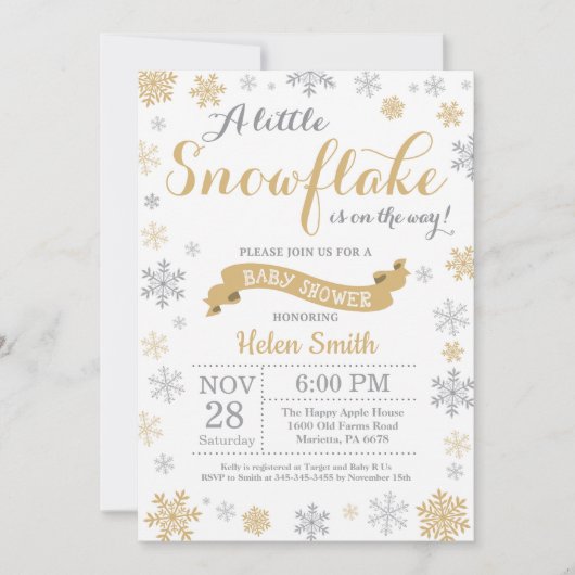 Winter Baby shower Invitation Gold Snowflake Kaart (Voorkant)