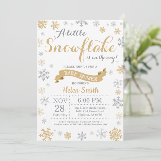 Winter Baby shower Invitation Gold Snowflake Kaart (Staand voorkant)