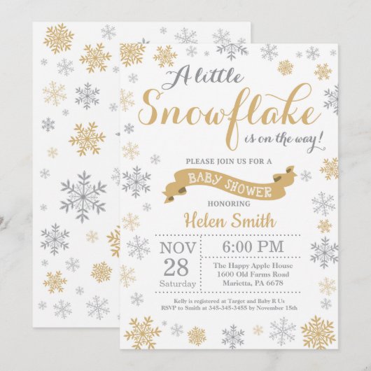 Winter Baby shower Invitation Gold Snowflake Kaart (Voorkant / Achterkant)