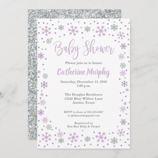 Winter Baby shower Invitation Lavendel Glitter Kaart (Voorkant / Achterkant)