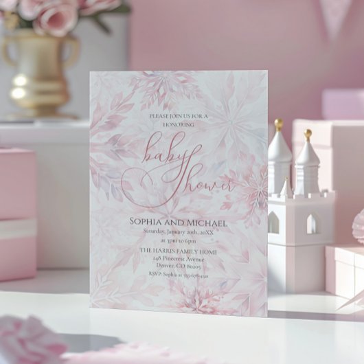 Winter Baby shower Meisje Roze Snowflake Kaart