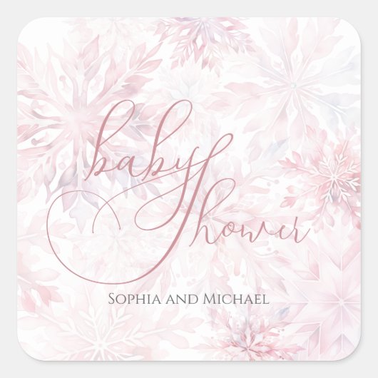 Winter Baby shower Meisje Roze Snowflake Vierkante Sticker (Voorkant)