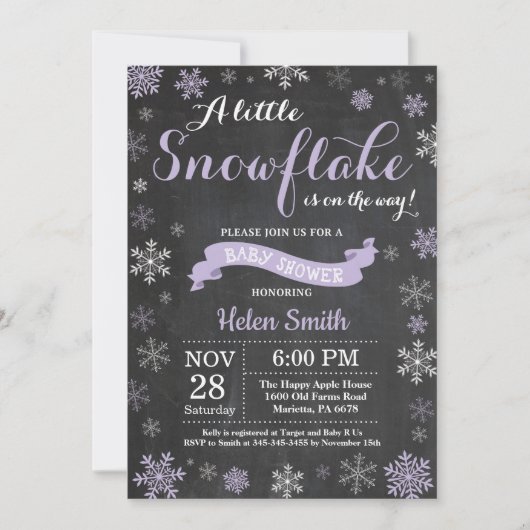 Winter Baby shower Paars Snowflake Chalkboard Kaart (Voorkant)