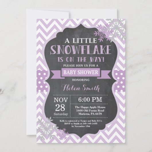 Winter Baby shower Paars Snowflake Chalkboard Kaart (Voorkant)