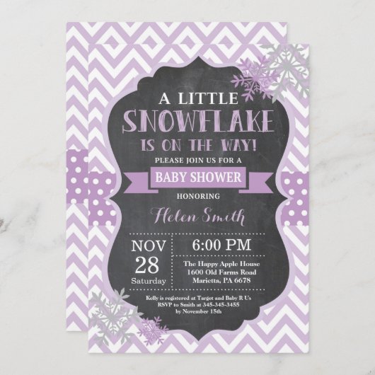 Winter Baby shower Paars Snowflake Chalkboard Kaart (Voorkant / Achterkant)