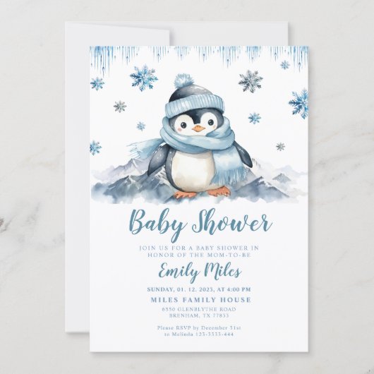 Winter Baby shower Penguin Uitnodiging (Voorkant)
