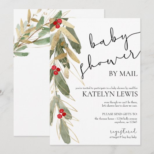 Winter Baby shower per Mail Invitation Gold Holly Kaart (Voorkant / Achterkant)