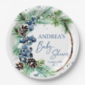 Winter baby shower pines wreath monogrammed papieren bordje (Voorkant)