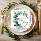 Winter baby shower pines wreath monogrammed servet